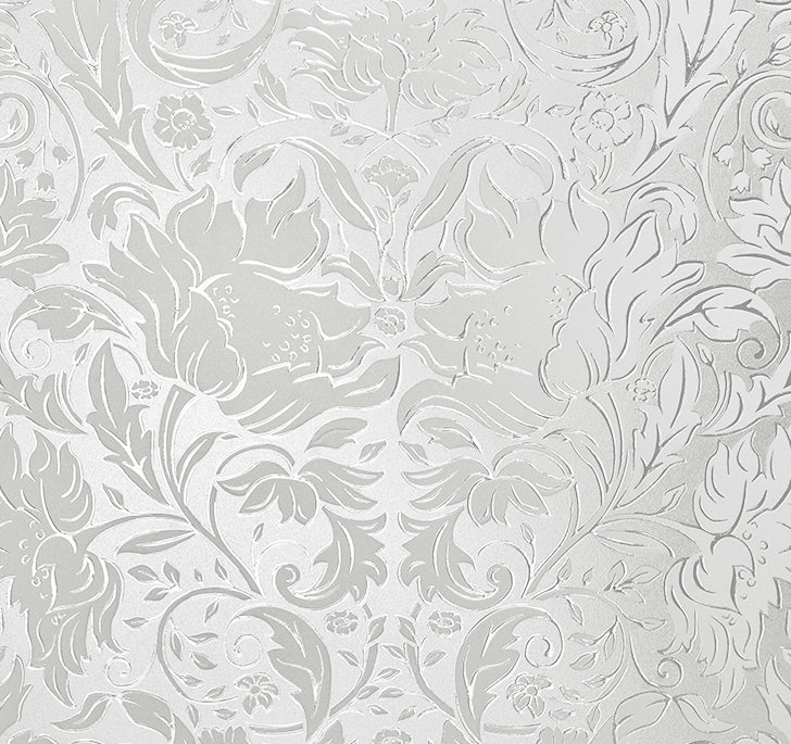 A close-up detail image of the Windsor window film by Artscape, a classic and elegant floral design that looks like etched and textured glass.