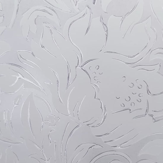 A close-up detail video of the Windsor window film by Artscape, a classic and elegant floral design that looks like etched and textured glass. 