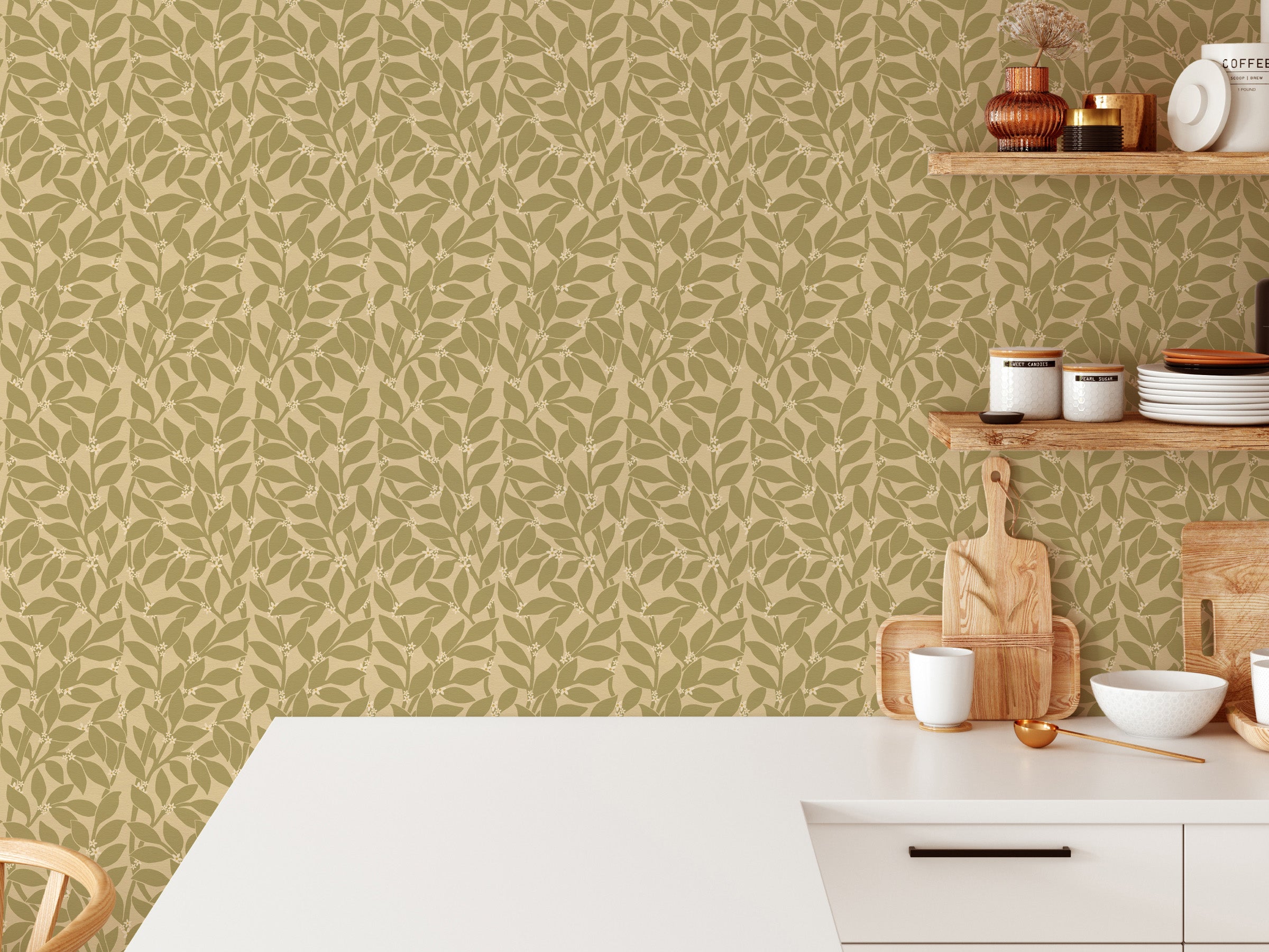 Citrus Grove Olive Green - White flowers